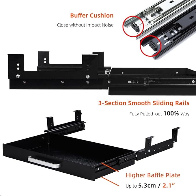 Under Desk Drawer Organizer 21" Black Upgraded with Adjustable Brackets, Sliding Pull-Out Under Table Pencil Drawer, Office Standing Desk Attachment for Workbench