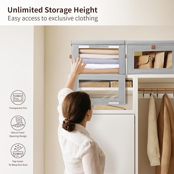Small Fabric Storage bins - Collapsible Storage Bins with Open Window, 5 Pack Closet Baskets for Shelves, Stackable Decorative Boxes for Home, Dorm, Grey, 13.7"x 9.8" x 9.8"