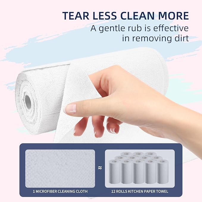 & PLUSH Microfiber Cleaning Cloth Roll - 70 Pack, Tear Away Microfiber Towels, 12" x 12", Reusable, Washable, Streak Free, Ultra Absorbent Dish Rags for Car, Home, Garage or Shop (Pink and White)