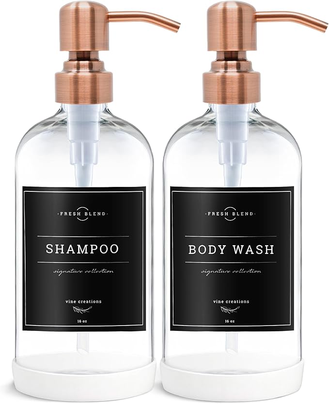 Vine Creations Clear Glass Soap Dispenser, 2 Pack Kitchen Soap Dispenser Set with Stainless Steel Pump, 16 oz Dish Soap and Hand Soap Dispensers for Bathroom with Waterproof Labels