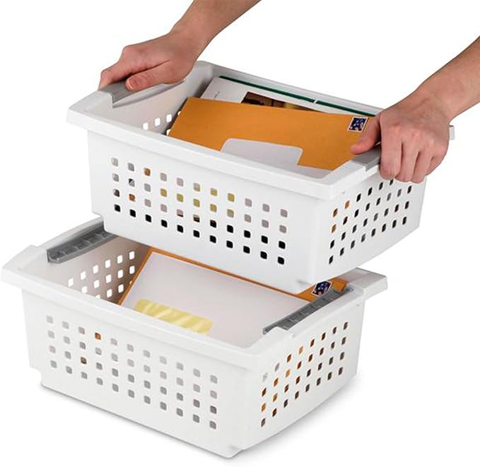 Sterilite 10-Pack Medium Stacking Basket, Open Top Plastic Storage Organizer, White - Stackable Crate Containers for Countertop, Cabinet, Pantry Shelf, Laundry Room, Bathroom & Home Office