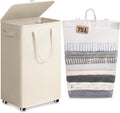 Goodpick White Laundry Basket with Wheels, 75L Rolling Laundry Hamper for Bedroom Bathroom, Foldable Large Clothes Hamper with Lid and Removable Wash Bag, 16.5" x 12.5" x 27.5"