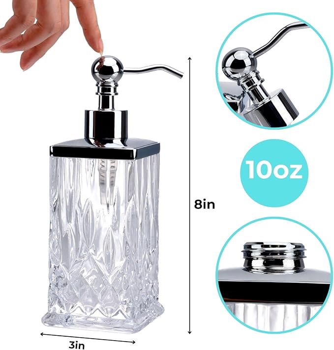 10Oz Clear Glass Soap Dispenser with Silver Pump,Lead-Free Thick-Cut Glass,Countertop Soap Dispensers for Bathroom & Kitchen,Square
