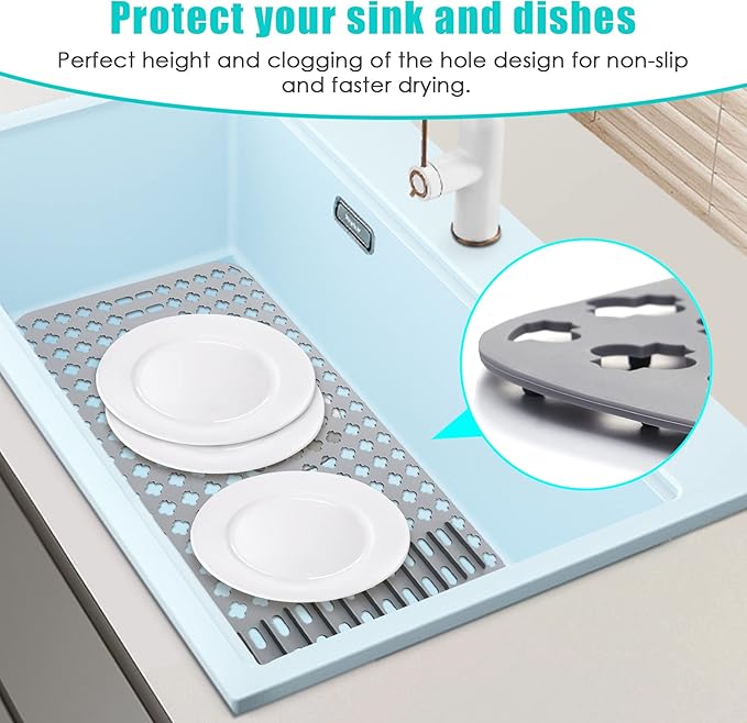 Kitchen Mat, Protectors for Sink 25"x13" Non-Slip Folding Grates for Bottom of Farmhouse Stainless Steel Porcelain Sink, DIY Silicone Can Be Cut to Any Size Grey-1 PCS