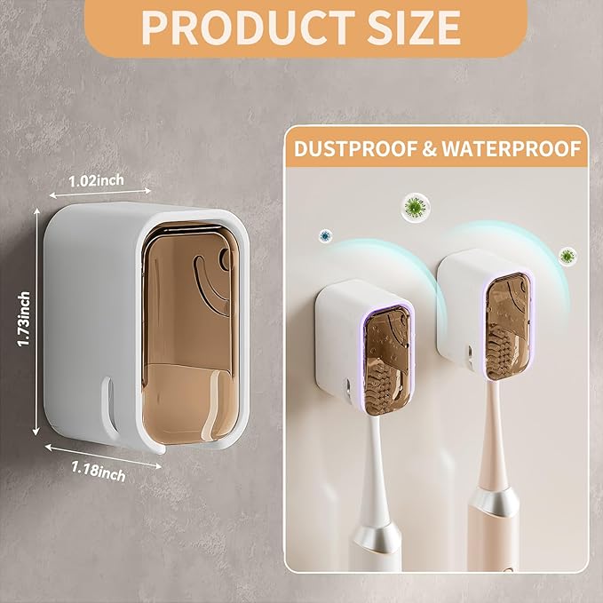 Wall Mounted Toothbrush Holders for Bathroom, 2 Pcs Strong Self Adhesive Tooth Brush Holder with Cover, Toothbrush Heads Organizer for Family, Brown