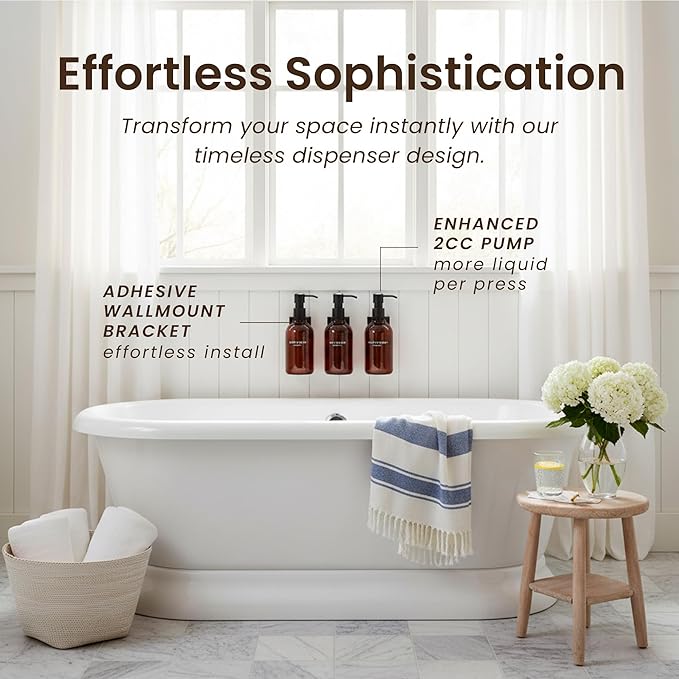 MaisoNovo Shampoo and Conditioner Dispenser - Shower Soap Dispenser Wall Mounted - 16.9 fl oz Set of 3 Amber Plastic Bottles Black Plastic Pump - 3 Chamber No Drill