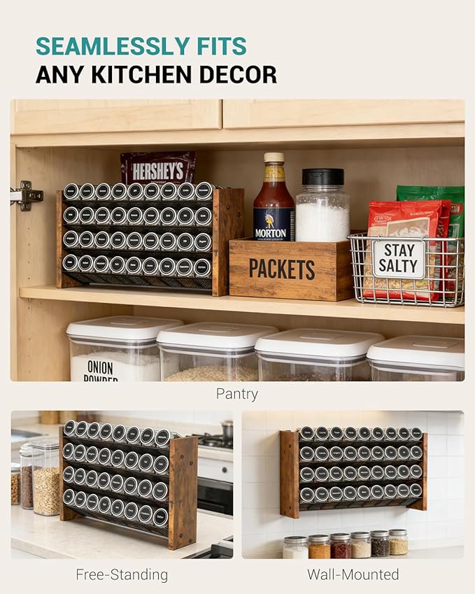 NESAPTO Spice Rack Organizer for Cabinet, Wooden 4 Tier Vertical Seasoning Organizers for Kitchen Pantry, Countertop/Wall Mount, Holds 36 Spice Jars (No Jars Included), 17.2" W × 9.4" H