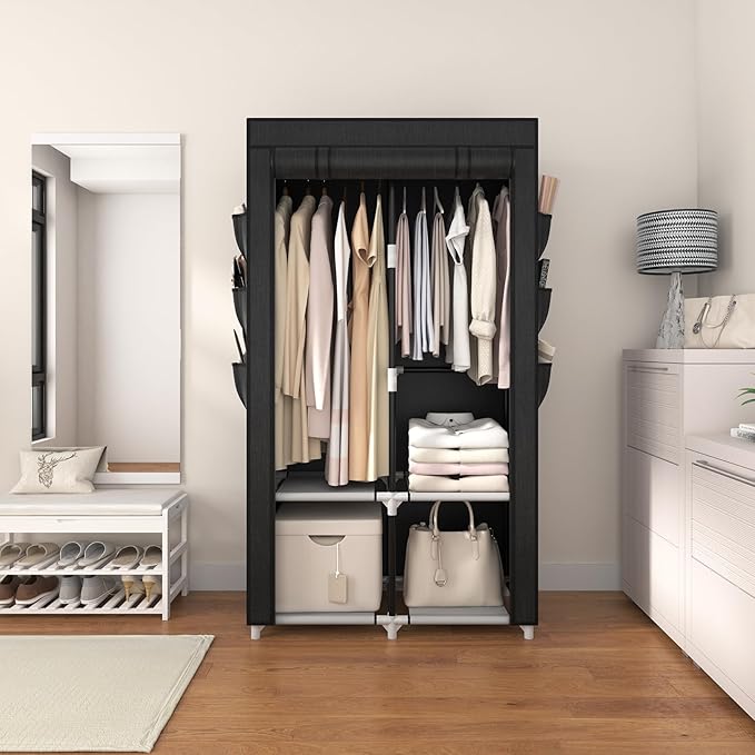 VTRIN Portable Closet Wardrobe Closet for Hanging Clothes with 4 Storage Shelves, 2 Hanging Rods and 6 Pockets, Stable and Easy Assembly Clothes Rack with Cover Free Standing Closet for Bedroom, Black