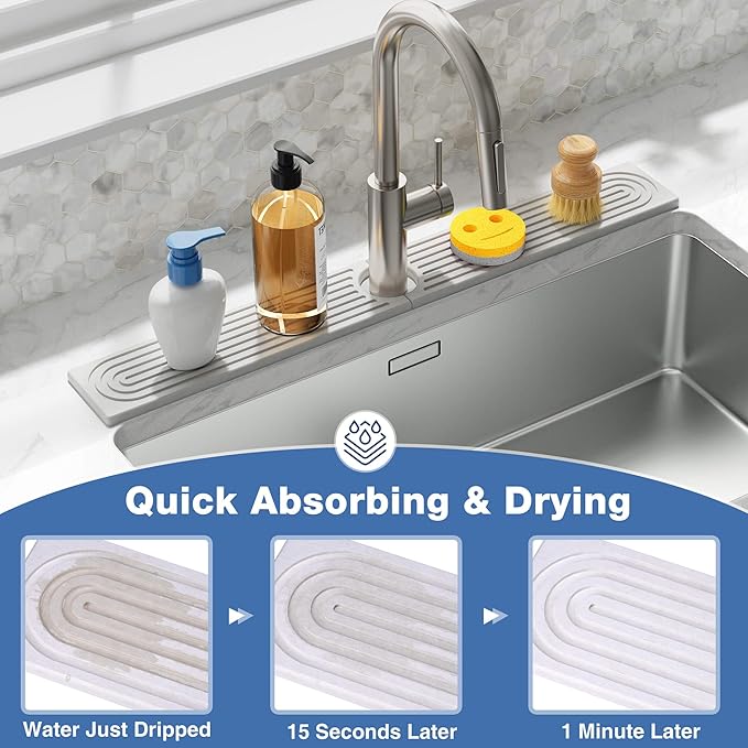 DK177 Diatomite Fast Drying Faucet Mat for Kitchen Sink, Water Absorbing Stone Tray, Faucet Splash Guard for Bathroom Counter, White, 23.6" x 4"