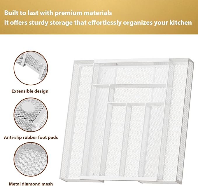Silverware Organizer Metal Mesh, Large Drawer Organizer, Utensil Cutlery Tray for kitchen drawers, Expandable Flatware Organizer with 8 Compartment White 11.6"~20" x 17.3"