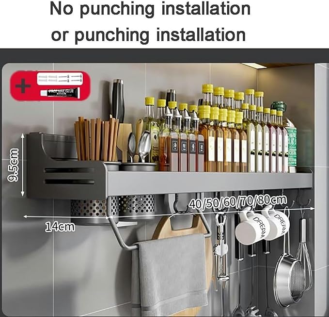 Wall Mounted Spice Rack, Spice Shelf, Spice Rack Organiser, Kitchen Wall Shelf Organiser with Movable Hooks Utensil Rack, Towel Holder, Knife Holder, 40 cm, Black