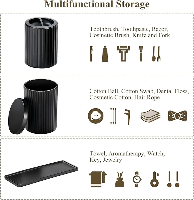 Shinowa Black Bathroom Accessories Set, 5 Pcs Bathroom Toothbrush Holder Sets with Soap Dispenser, Foaming Dispenser, Q-Tip Holder, Ceramic Tray, Bathroom Countertop Accessories Complete, Matte Black