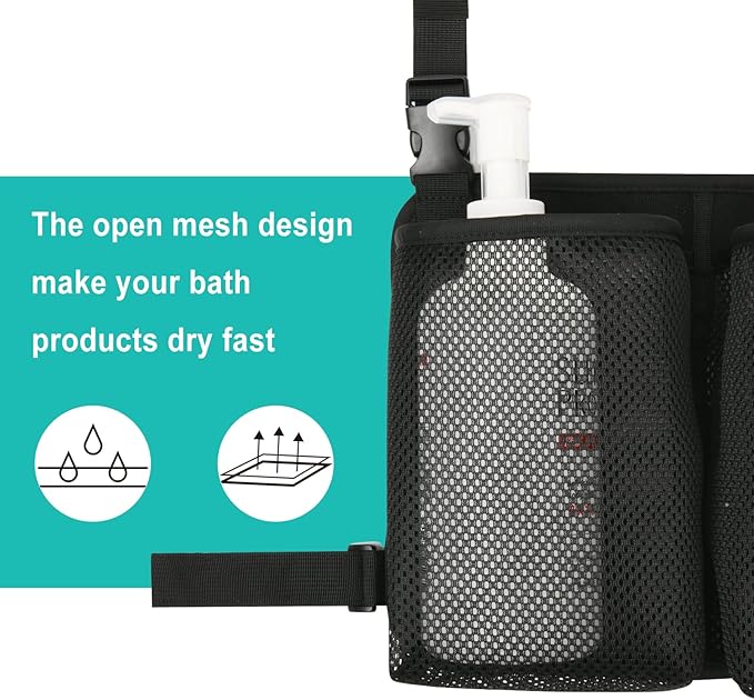 Beautyflier Removable Hanging Bag for Shower Chair, Commode Chair Side Storage Bag, Armrest Chair Side Organizer, 3 Storage Pockets for Shampoo, Shower Gel, Facial Cleanser, Bag Only (Black)