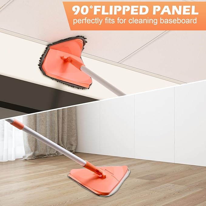 Wall Cleaner Triangle Mop with 82'' Long Handle - Wall Scrubber, Cleaning Washer Tool with 4 Microfiber Chenille Duster Pads for Clean Walls, Ceiling, Windows, Baseboards, Floors (Orange)