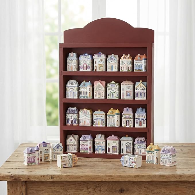 Chunful Vintage Spice Village Wooden Rack 22 x 17 x 4 Inches Wood Color Display Rack with 4 Shelves for Wall Mounting Kitchen Storage Spice Village Display Shelf for 24 Jars, Shelf Only