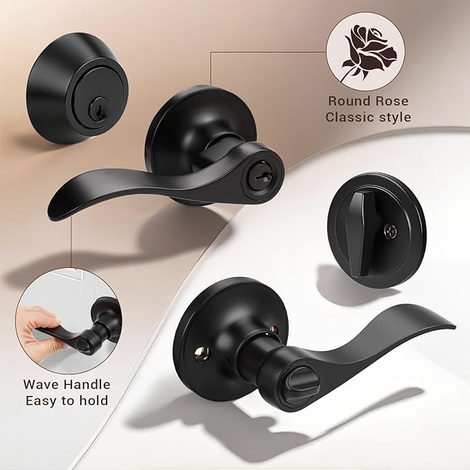 Knobonly 3 Sets of Front Exterior Door Knob Set with Single Cylinder Deadbolts in Matte Blac Finish, All Keyed Same Combo Pack, Wave Style Entry Door Lever Locks with Combinations