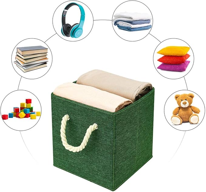 i BKGOO Foldable Storage Cube Bins Green Linen Fabric Collapsible Resistant Basket Box Organizer with Cotton Rope Handle for Home Office and Nursery 10.5x10.5x11 inch