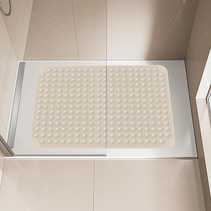 OTHWAY Large Shower Mat 34"x 23", TPE Non Slip Shower Mat for Walk in Shower Stall, Inside Shower Mats with Drain Holes Suction Cups, Anti-Slip for Elderly Kids (Apricot)