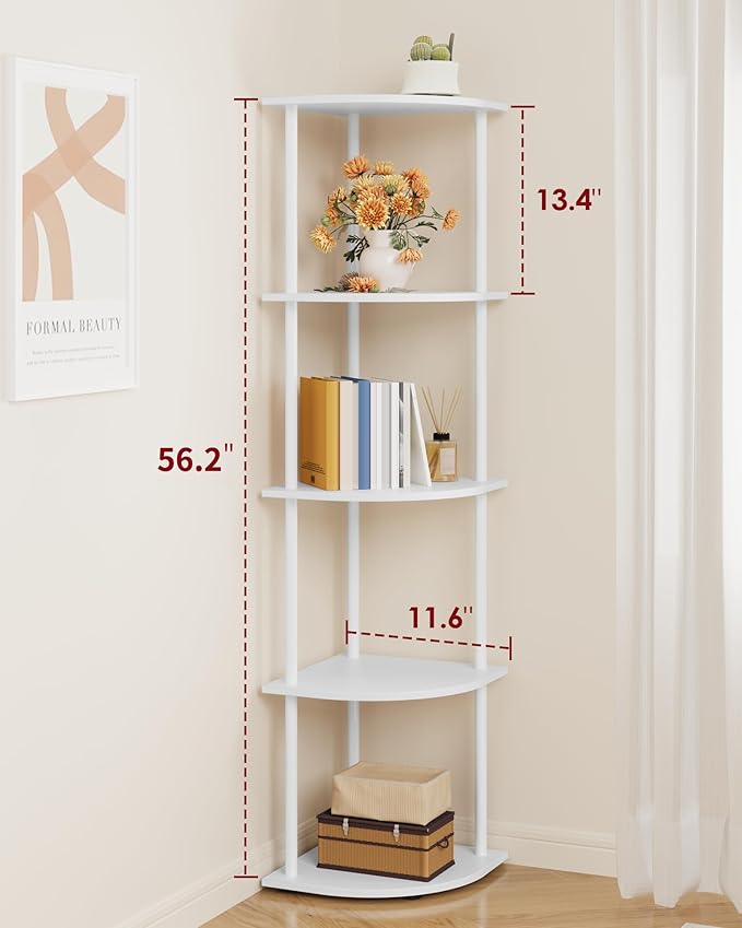 Corner Shelf - 5-Tier Corner Bookshelf with Wall Anchors & Non-Slip Feet, Corner Shelves with Rustproof Metal Frame for Bedroom, Living Room, Home Office, 11.6"×11.6"×56.2", White