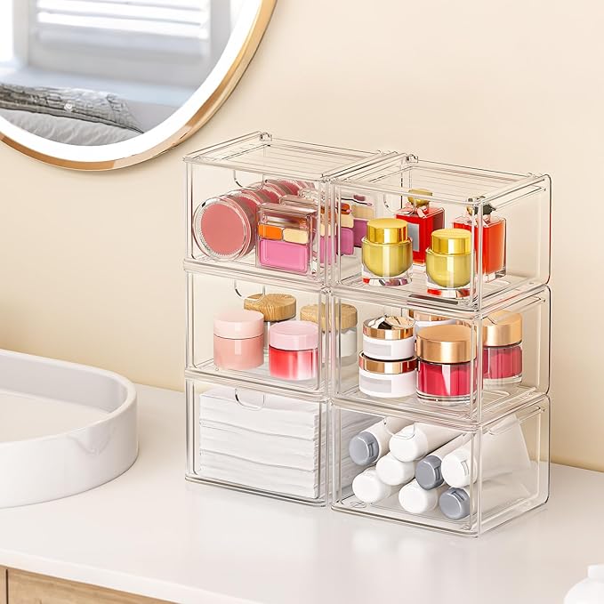 6 Pack Small Stackable Stroage Drawers, Acrylic Bathroom Makeup Organizer, Plastic Storage Bins for Vanity, Undersink, Kitchen Cabinets, Pantry, Home Organization
