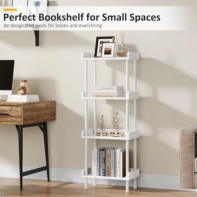 Hosfais Bookcase 4 Tier Bookshelf, Vintage Small Bookshelf for Spaces, Wooden Book Shelf for Living Room Bedroom （White）