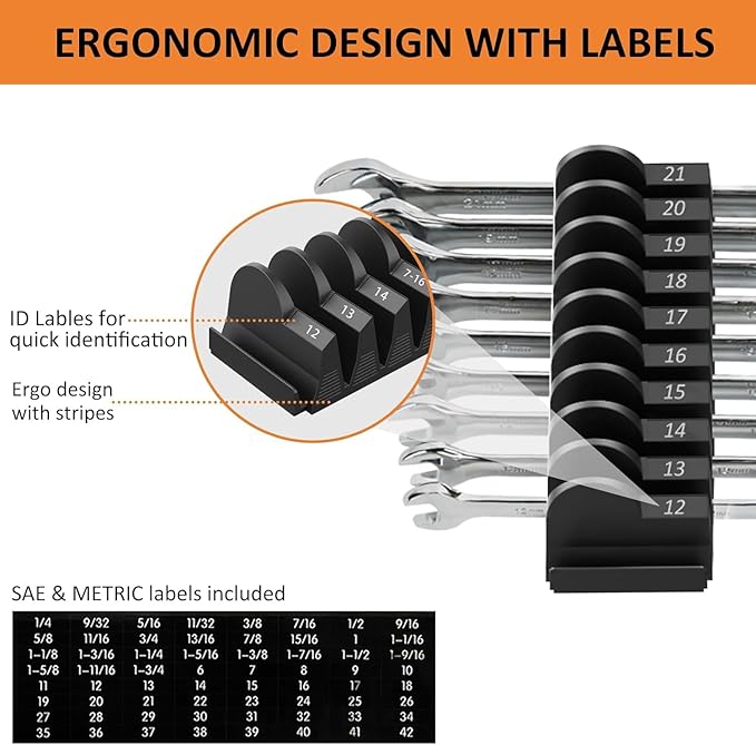 52 pcs Modular Wrench Organizers for Tool Drawers - Wrench Rack with Metric&SAE Labels, Perfect Tool Storage Holder. Gift for Father and Boyfriend (Orange)
