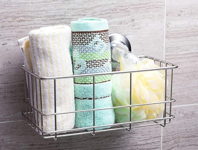 SANNO Suction Cup Shower Caddy Basket for Shampoo Combo Organizer Basket Stainless Steel Holder for Bathroom Storage，pack of 2