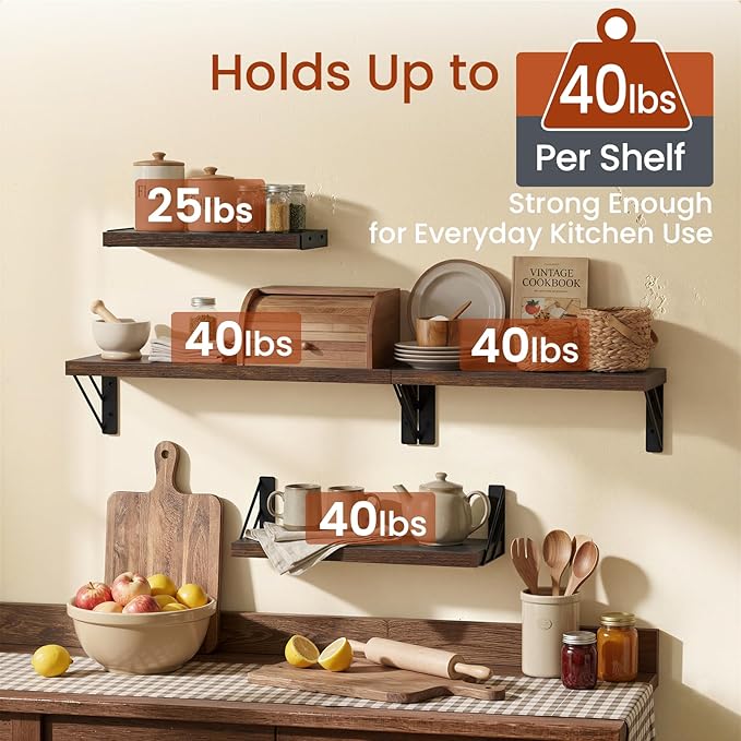 BAYKA Wall Shelves for Bedroom Decor, Floating Wall Shelves for Living Room Kitchen Storage, Mounted Rustic Wood Floating Shelves for Kids Books, Corner Shelf for Bathroom(Rustic Brown，Set of 4)