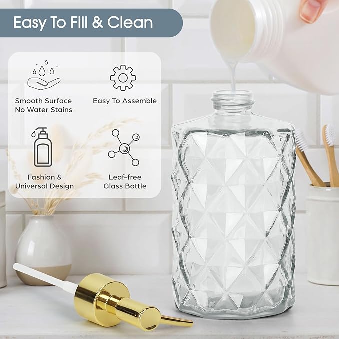 Topsky 2pcs Glass Soap Dispenser with Plastic Pump,330ml Liquid Hand Soap Dispenser,Rustproof Pump for Kitchen & Bathroom,Great for Lotions,Essential Oil,Liquid Soaps,Clear