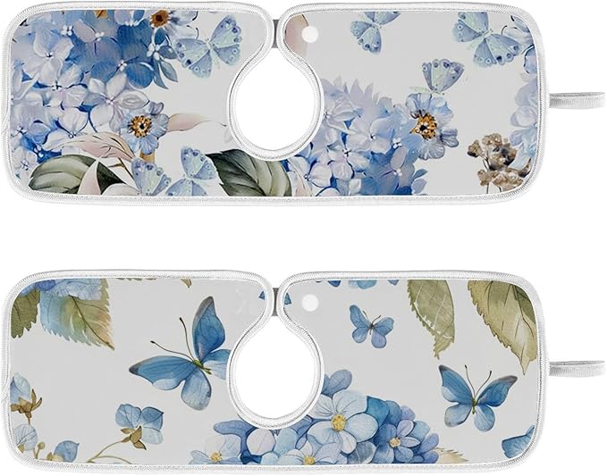 Sink Faucet Absorbing Mat Kitchen Sink Splash Guard Splash Faucet Drip Catcher for Bar RV Bathroom 2PCS 14.9x5.5in Watercolor Hydrangea Butterfly
