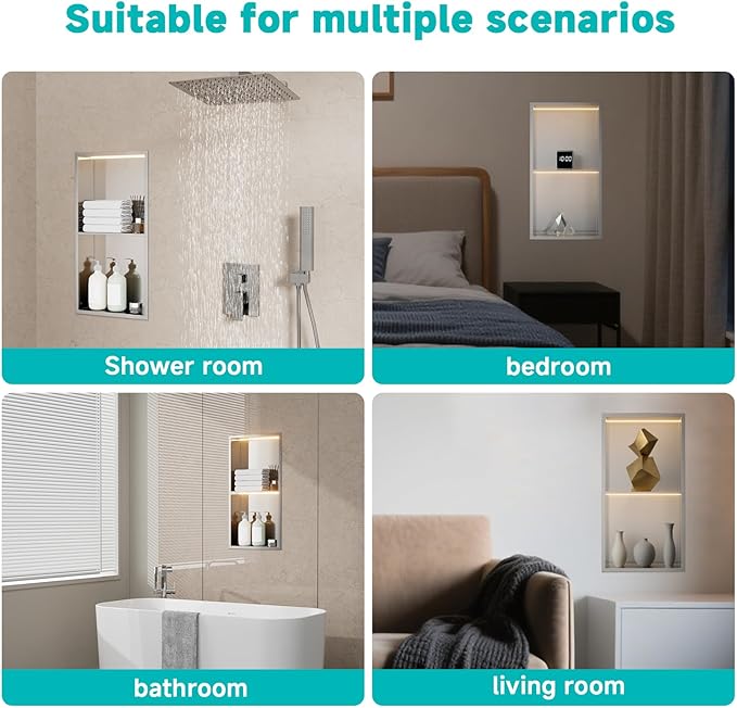 TSIBOMU Stainless Steel LED Lights Shower Niche 12"x24" - No Tile Needed Double Shelves Recessed Wall Niche for Bathroom Storage, Brushed