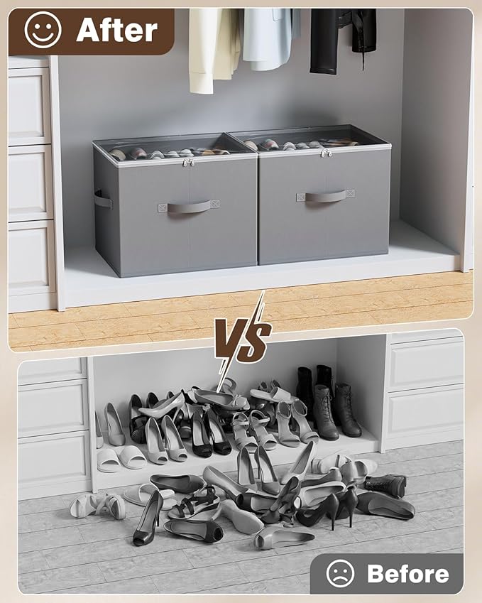 HOUSE AGAIN 2 Pack Shoe Organizer for Closet with Wheels, Shoe Storage Box, Shoe Storage Organizer with Adjustable Dividers and Clear Cover, Space-Saving & Fits up to 12-24 Pairs of Shoes