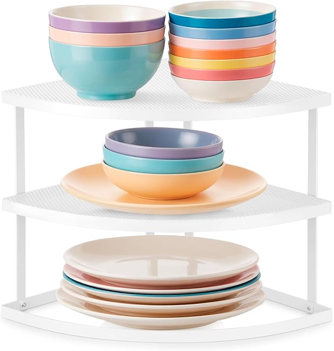 ROFAY 3-Tier Metal Corner Shelf Plate Organizer for Kitchen Counter & Cabinet, Corner Rack for Plates, Dishes, Pantry, and Bathroom Storage, Rust-Resistant Steel, Space-Saving Design (White)