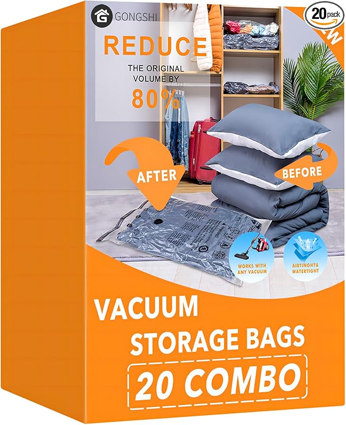GONGSHI Vacuum Storage Bags, Space Saver Seal Bags For Clothing, Blankets, Comforters, Pillows, Clothes Storage,Travel Luggage.20 Combo