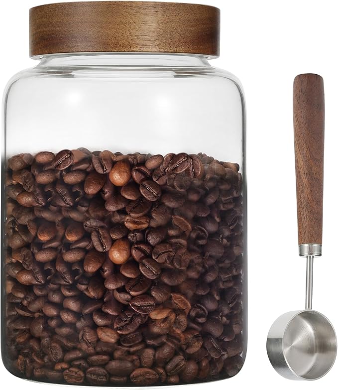 Patoper Large Glass Coffee Jars with Spoons 60 oz /1800ml, Round Storage Canister with Wooden Lid Clear Glass Food Jar for Pantry Sugar Tea Coffee Bean Spice Nuts Cookies Bath Salts (1800ml/60oz)