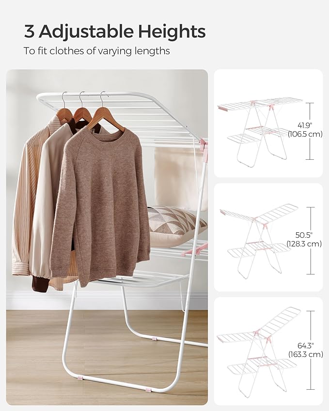 SONGMICS Clothes Drying Rack, Foldable 2-Level Laundry Drying Rack, Free-Standing Laundry Airer, with Height-Adjustable Wings, 33 Drying Rails, Sock Clips, White and Pink ULLR053P01V1