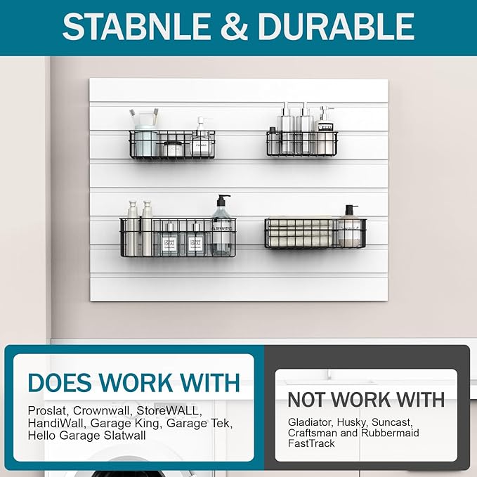 4 Pack Large Size Slatwall Baskets Set, Ventilated Metal Hanging Storage Slat Wall Basket, Mounted Slatwall Accessories for Garage Storage Organizing Display on Slatwall Panels bins (Black)