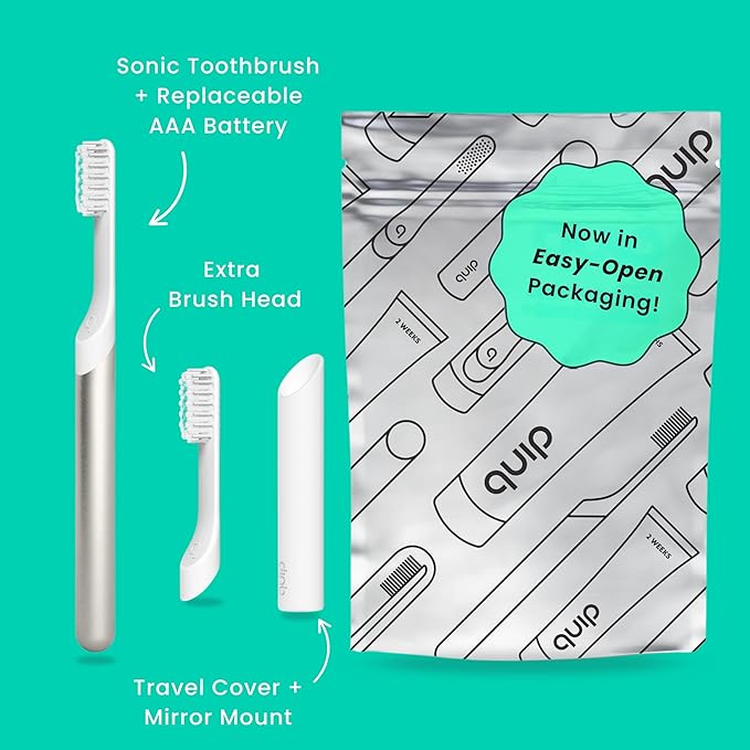 Quip Metal Sonic Electric Toothbrush for Adults - Time Travel & Soft Bristles with Travel Case & Replacement Brush Head - 3 Month Battery Life - Moonrise Champagne