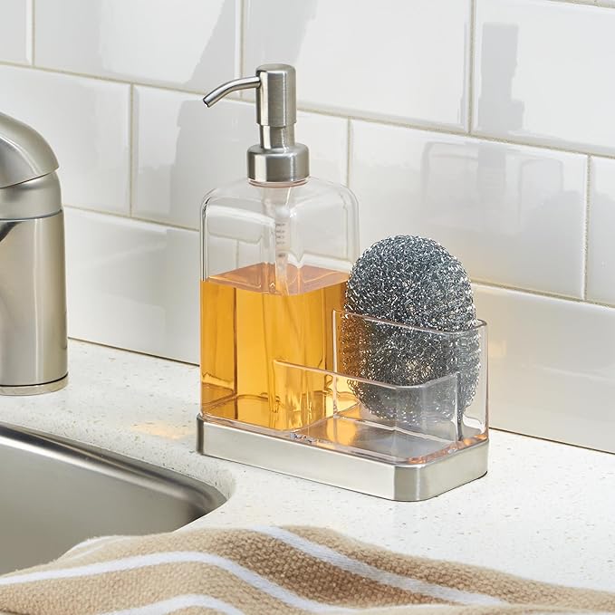 iDesign 67080 Forma Plastic Soap Pump with Caddy, Dispenser with Storage Compartment for Bathroom, Kitchen Countertops, Sinks, Set of 1, Stainless