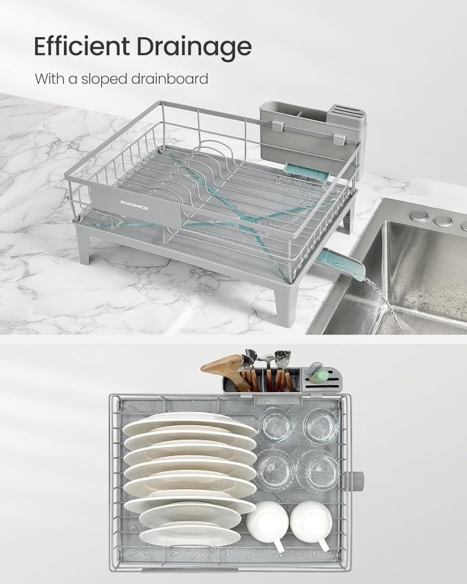 SONGMICS Dish Drying Rack, Kitchen Dish Rack, with Drainboard, 360° Rotatable and Extendable Spout, with Cutlery Holder, 12.2 x 16.5 x 7.3 Inches, Dove Gray UKCS550G01