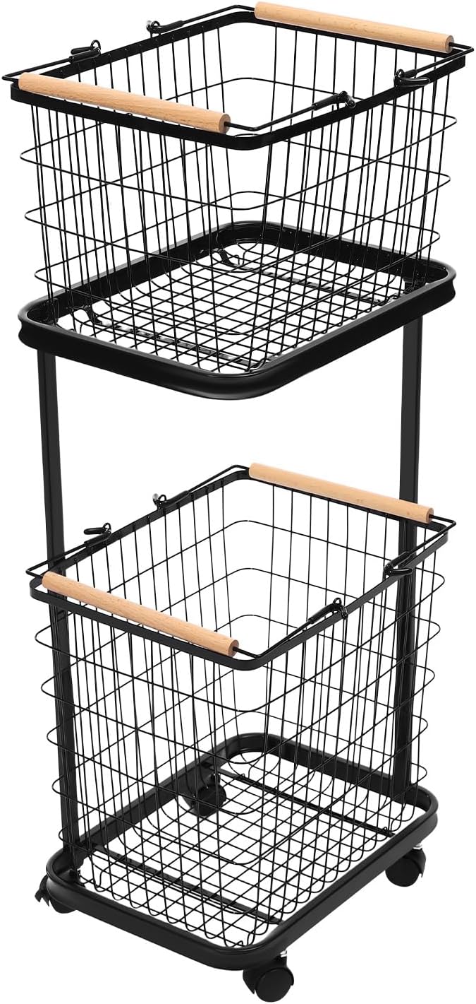 Laundry Basket with Wheels, 2 Tier Removable Wire Laundry Cart, Vertical Laundry Sorter, Rolling Hamper Dirty Clothes Hamper Organizer for Laundry Room, Bathroom, Bedroom, School (Black)