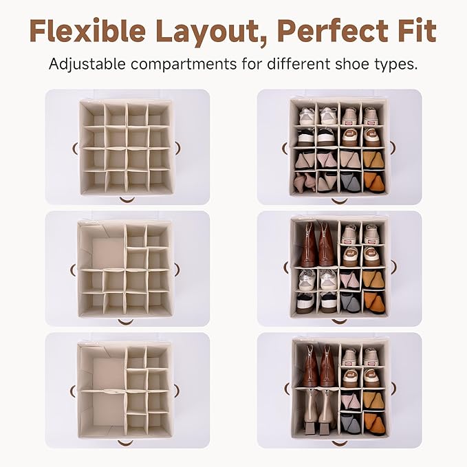 StorageWorks 2 Pack Shoe Organizer for Closet, Foldable Shoe Storage Box with Adjustable Dividers, Fabric Shoes Container, Stackable Storage Bins for Boots, Sneakers, Fits up to 16-32 Pairs, Beige