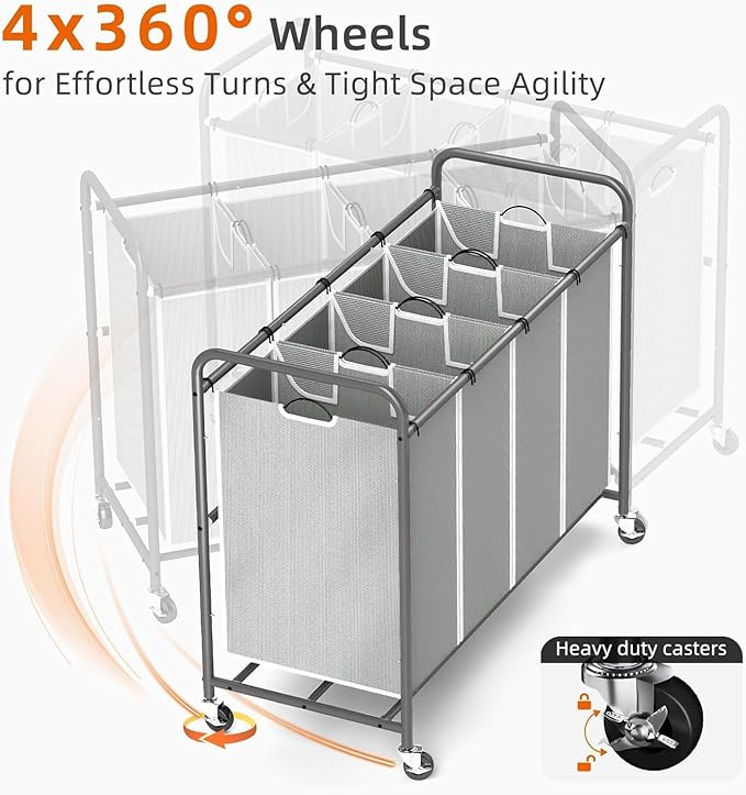 ROMOON Laundry Hamper Sorter Cart: 4-Section Organizer with Heavy-Duty Lockable Wheels and Removable Bags | 172L Rolling Laundry Basket for Dirty Clothes in Laundry Room or Small Spaces (Gray)