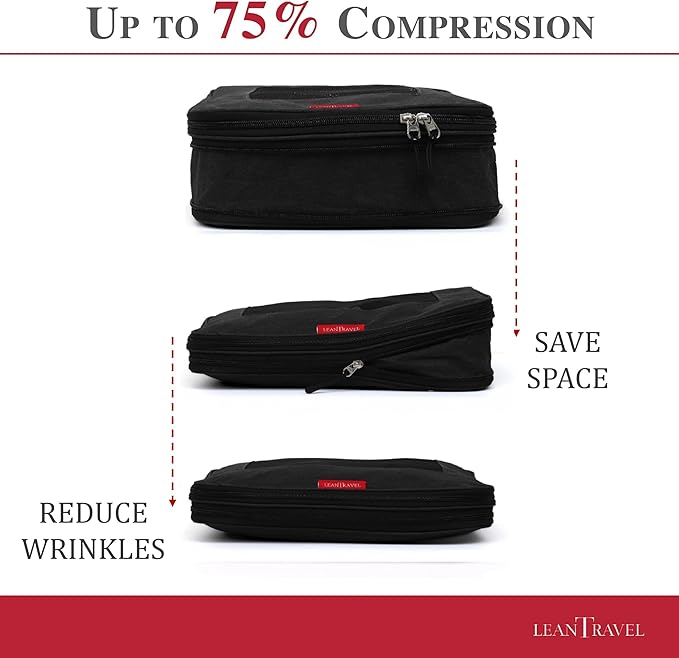 LeanTravel Compression Packing Cubes for Travel Organizers with Double Zipper 4 pack - Black Color