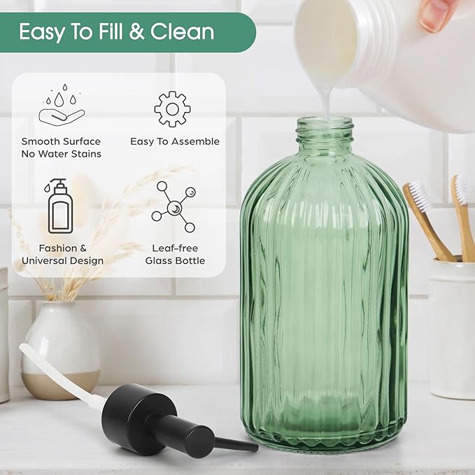 Topsky 2 Pack Glass Soap Dispenser with Black Plastic Pump, 400ml Liquid Hand Soap Dispenser, Rustproof Pump for Kitchen & Bathroom, Great for Lotions, Essential Oil, Liquid Soaps-Clear & Green
