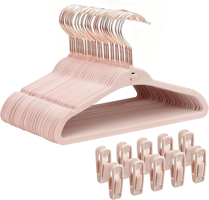 Baby Velvet Hangers 30 Pack, 11" Premium Felt Kids Hanger with 10 Clips, Slim 0.2" Non-Slip Stackable Design & 360° Swivel Hook, Space-Saving Toddler Clothes Hangers for Nursery Closet, Pink