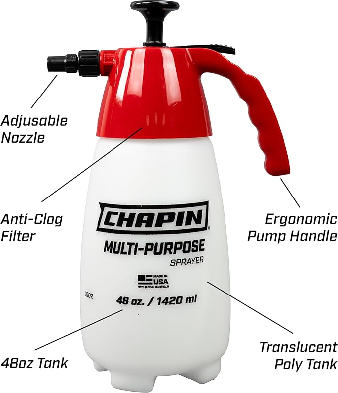 Chapin 1002 Handheld Pump Sprayer, 48oz, Multi‑Purpose, Lawn & Garden, Translucent Poly Tank, Wide‑Mouth Opening, Adjustable Cone Nozzle & Anti‑Clog Filter for Weed, Fertilizer & Pest Applications