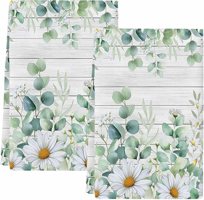 Kitchen Towels Set of 2, Green Eucalyptus Leaves Soft Microfiber Dish Towels, Daisy Summer Botanical Wooden Absorbent Quick-Dry Washable Dishcloths for Kitchen Cleaning, Drying Dishes, 18x28 Inches