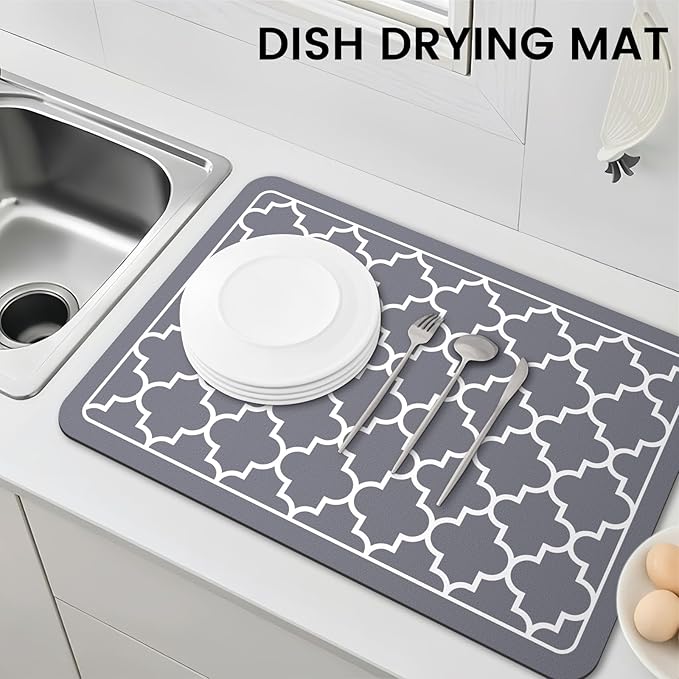 WISELIFE Dish Drying Mat Super Absorbent Drying Mat Large Dish Drying Mats for Kitchen Counter Easy Clean Dish Mat Kitchen Drying Mat16"x 24" Stylish Grey