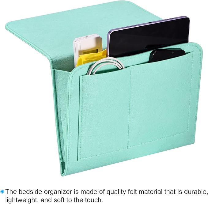 PATIKIL 11in Bedside Caddy, Bed Caddy Bedside Organizer Hanging 5 Pocket Soft Felt Bed Pockets Bedside Storage Organizer Remote Control Holder for Bedroom Phones Glasses, Green